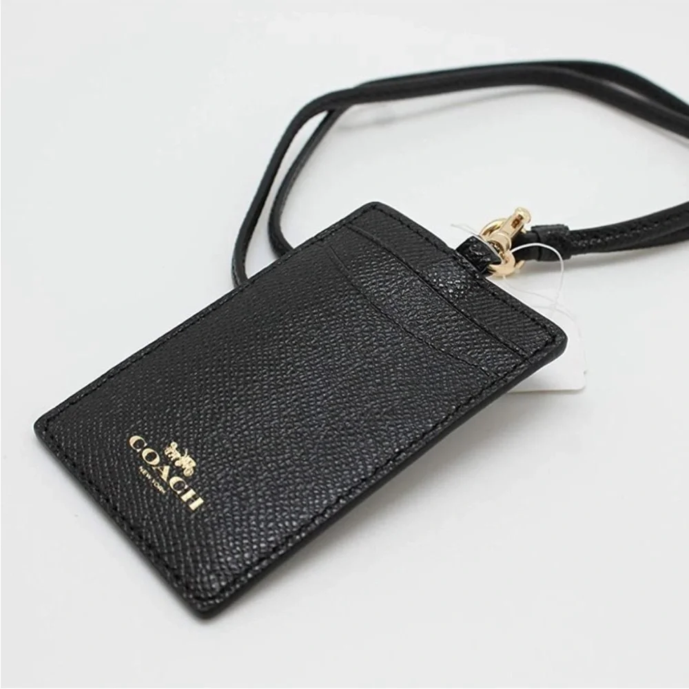 COACH Id Lanyard Black Gold Logo Crossgrain leather Credit Card Slots NEW